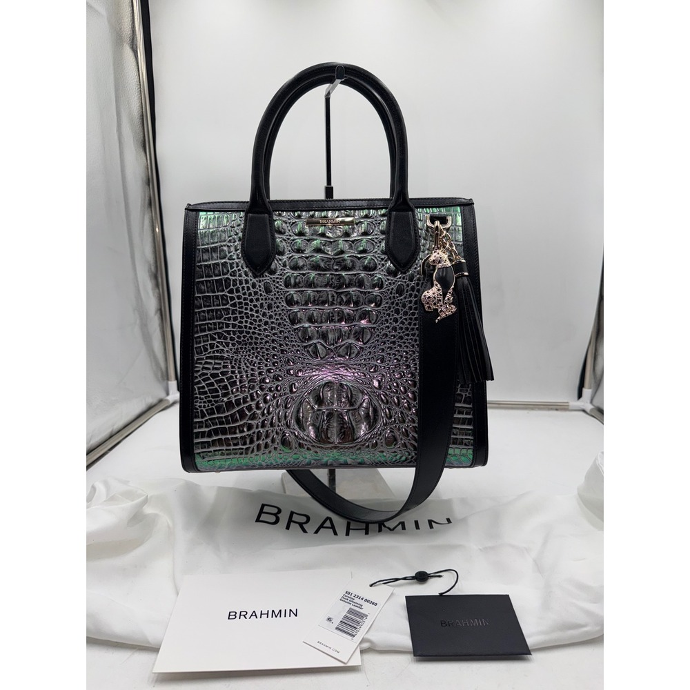 Brahmin Caroline Satchel Dusk Gleaming Iridescent Croc Embossed Leather Bag S51